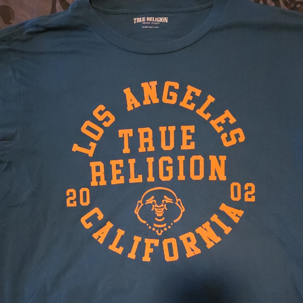 True Religion Teal Tee with Orange Graphic